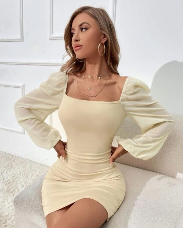 Contrast Mesh Lantern Sleeve Scoop Neck Bodysuit